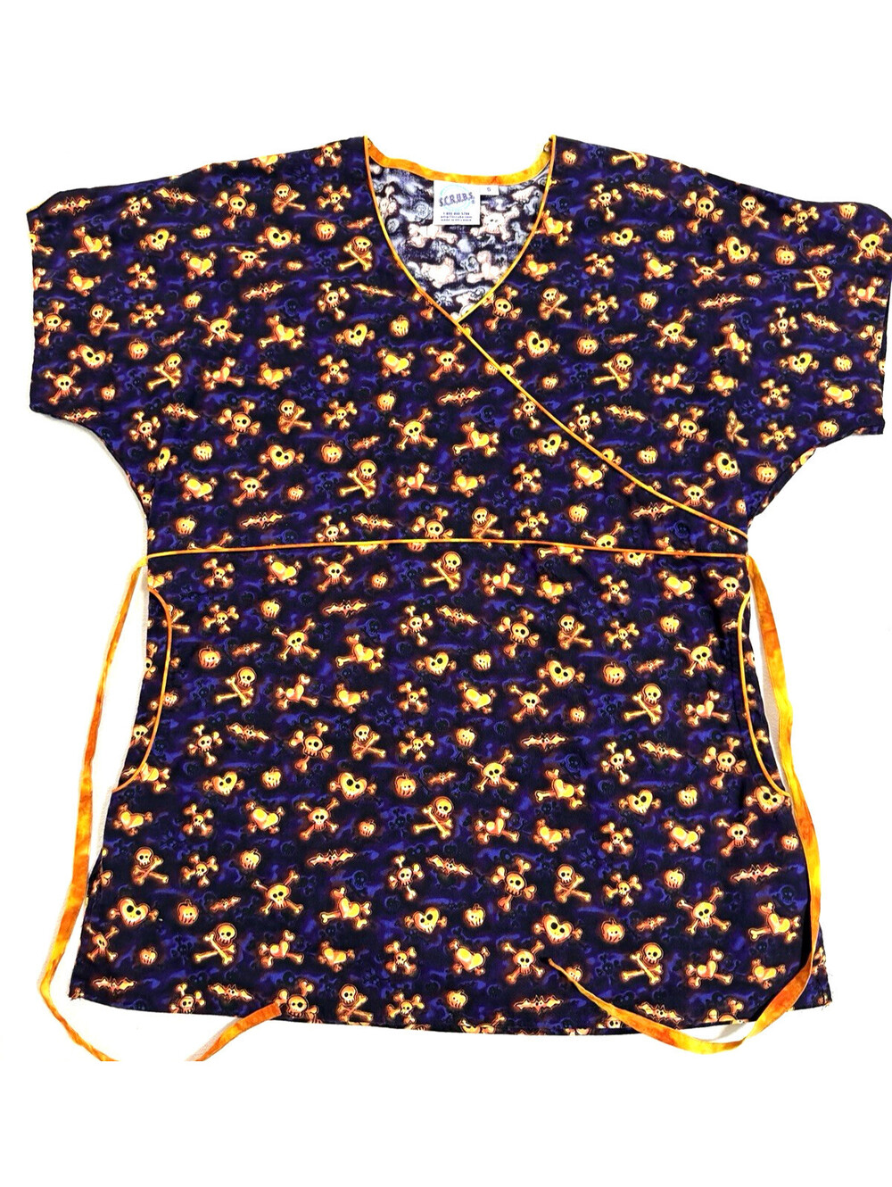 SCRUBS Brand Womens Halloween Scrub Top Mock Wrap Skulls Crossbones Navy Orange